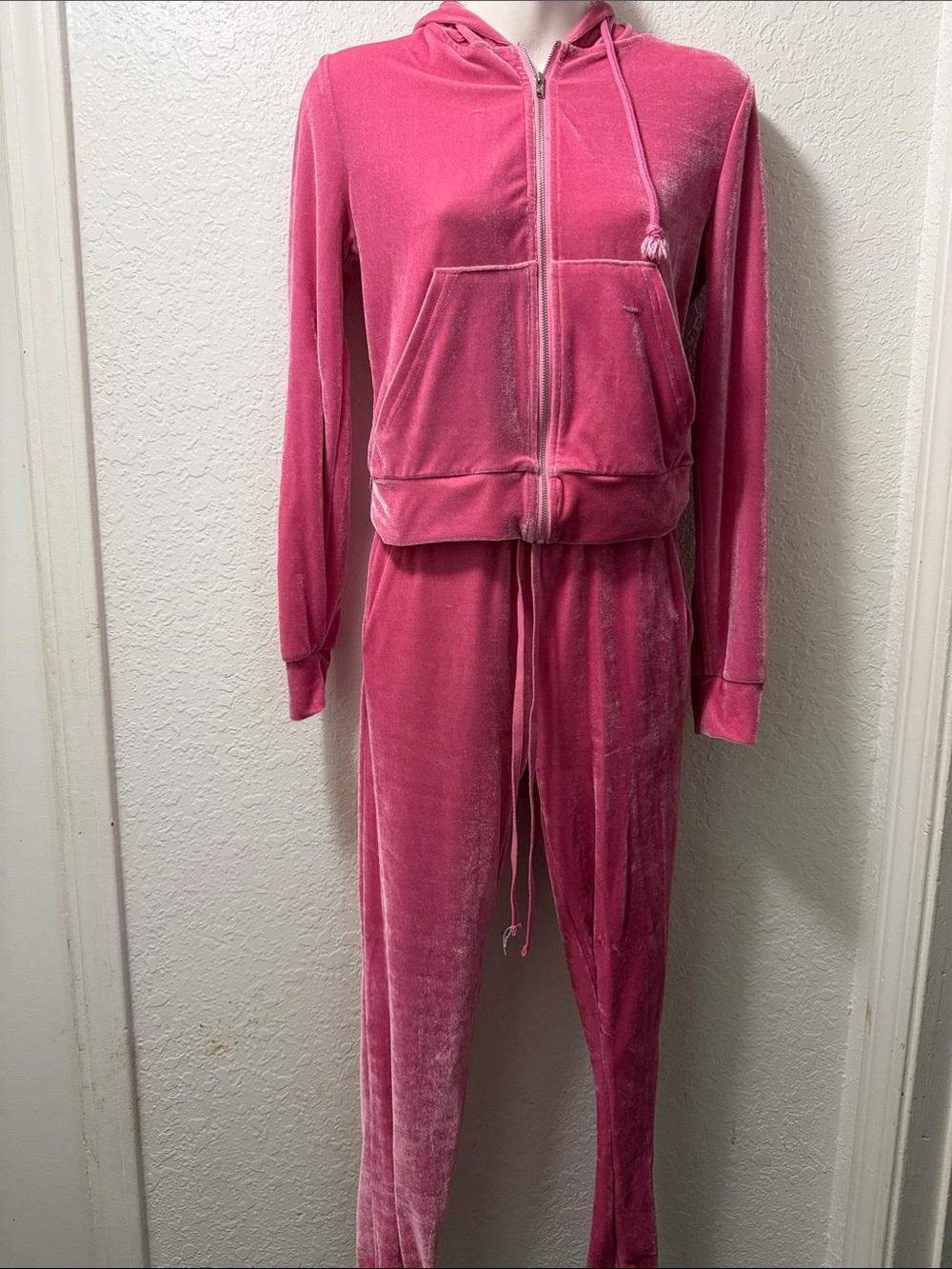 SHEIN Hot Pink Velour Zip Hoodie & Joggers Set